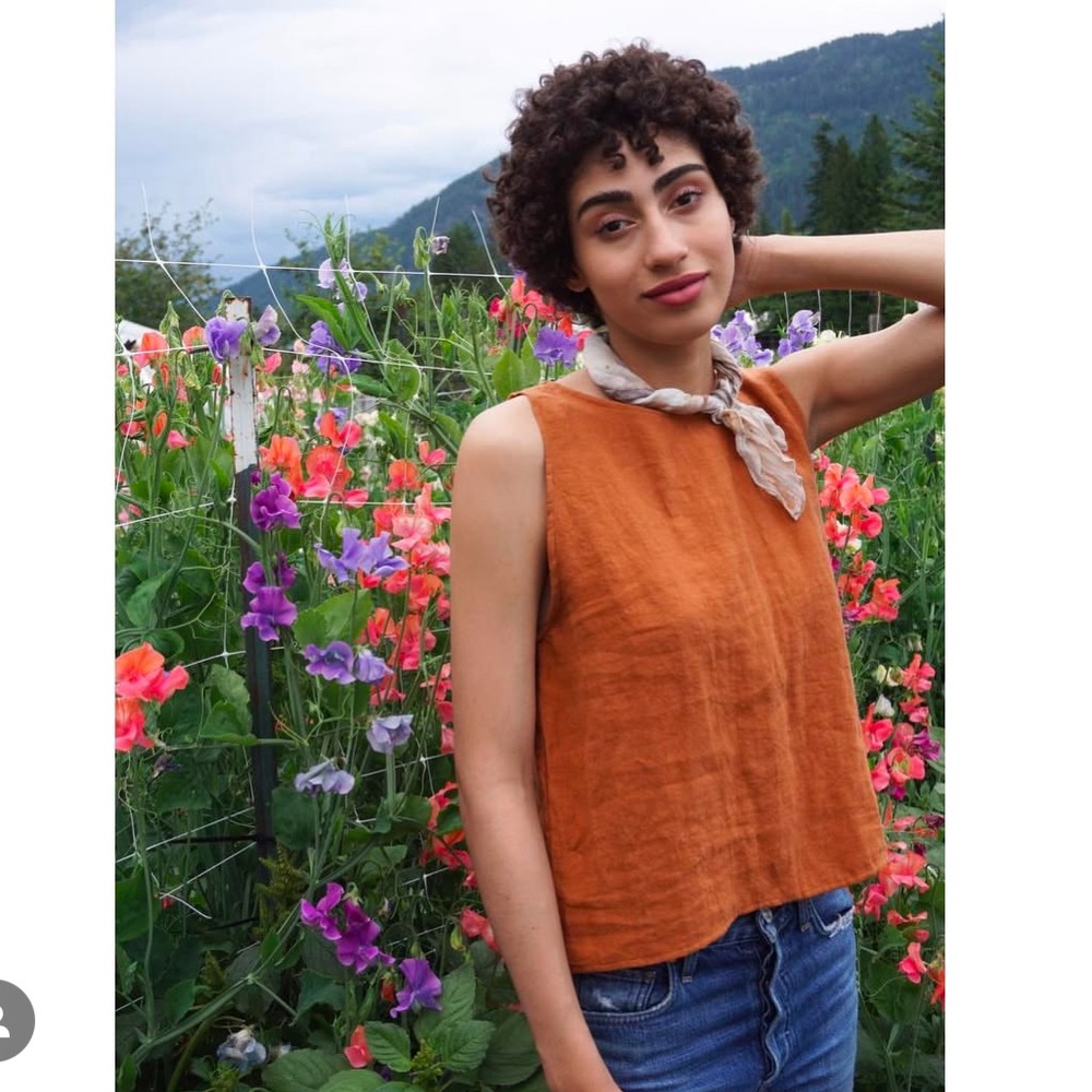 We Are Stories sleeveless linen shirt, earthy orange rust colour, small